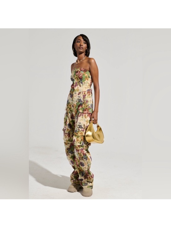 AKIRA Pants - Akira Strapless Floral Cargo Jumpsuit in Multicolor